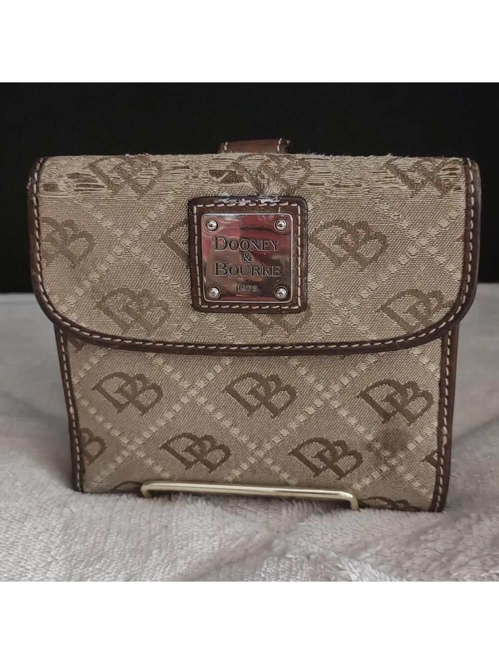 Dooney & Bourke 1975 Gold Monogram Wallet Tan & Brown Canvas Leather SEE PICS